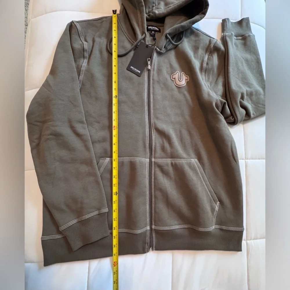 True Religion Mens Olive Zip Up Long Sleeve Pockets Fleece Hoodie Size 2XL